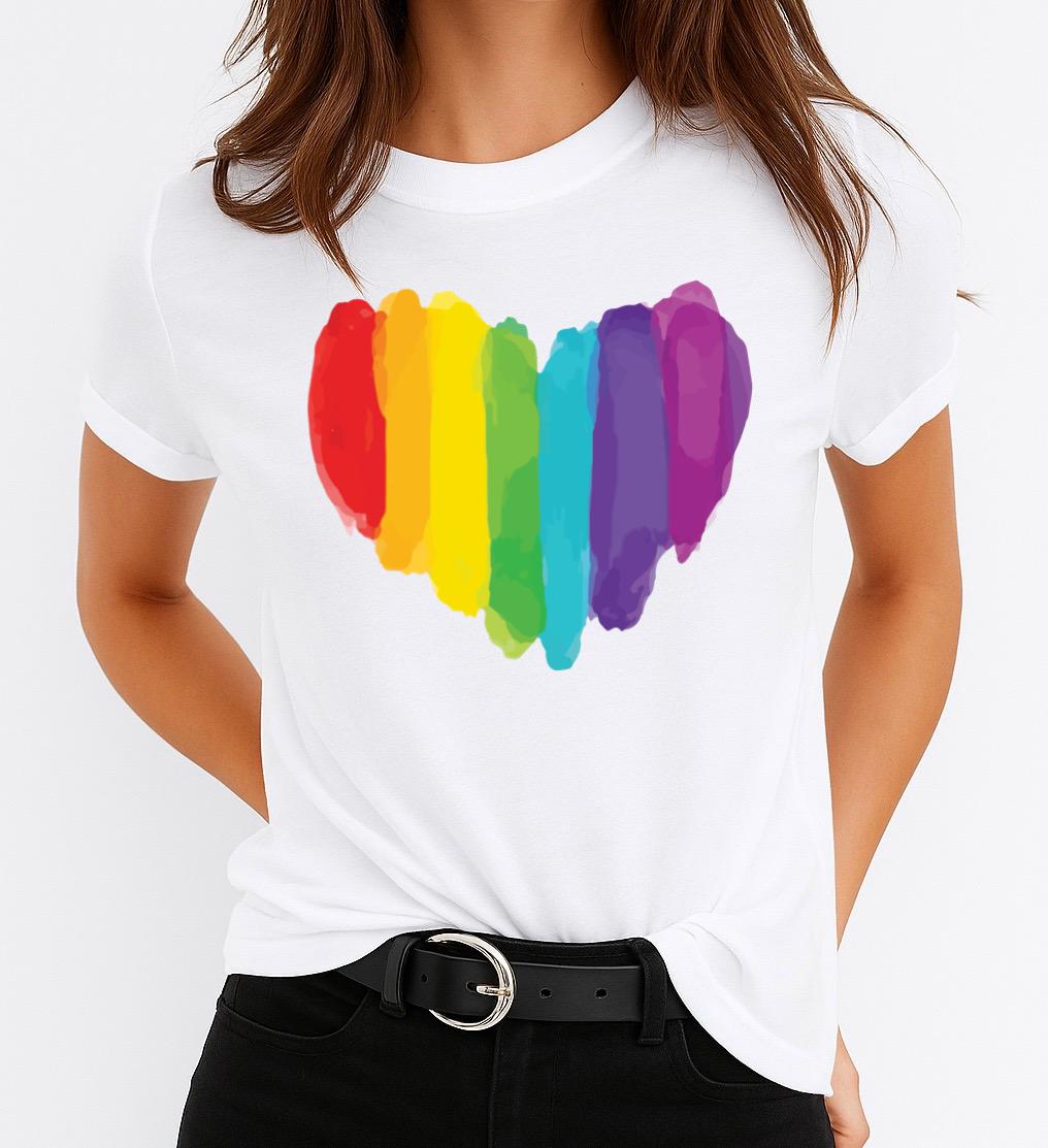 Tricou Alb Dama din Bumbac 100% - Heart Rainbow - MonCherie