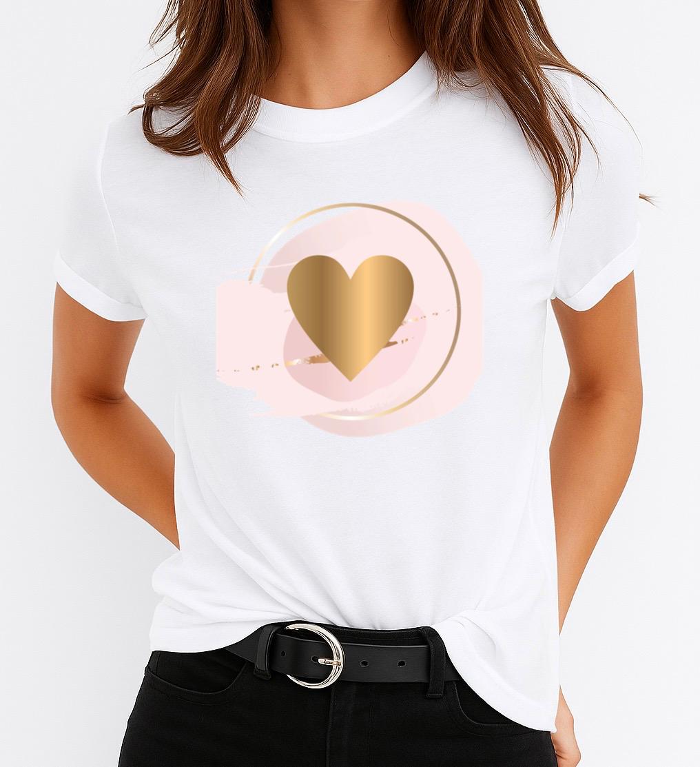Tricou Alb Dama din Bumbac 100% - Roze Pink Heart - MonCherie