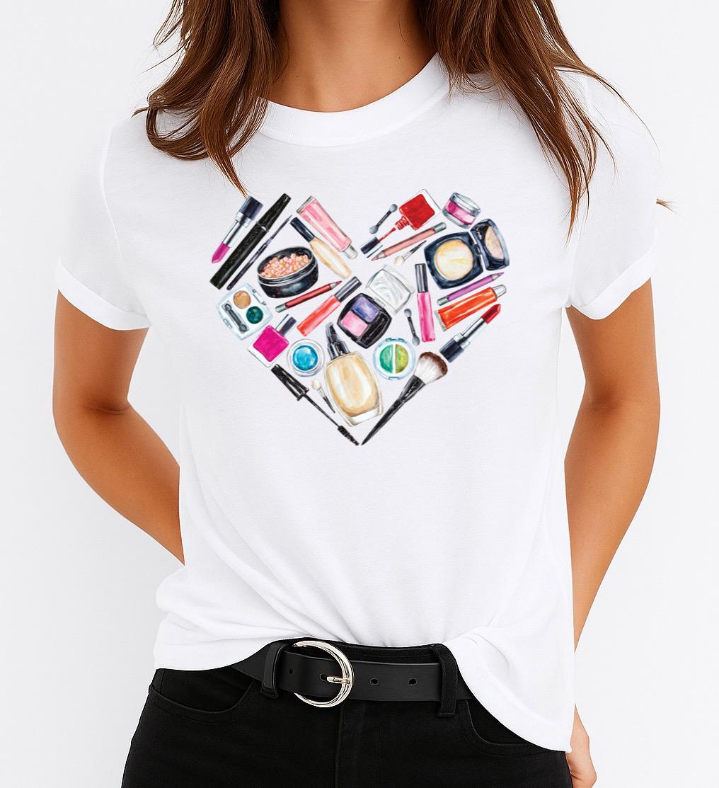 Tricou Alb Dama din Bumbac 100% - Makeup Heart - MonCherie