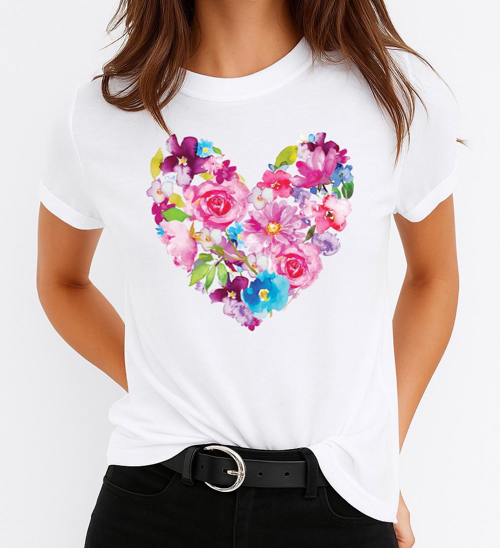 Tricou Alb Dama din Bumbac 100% - Multicolor Heart - MonCherie