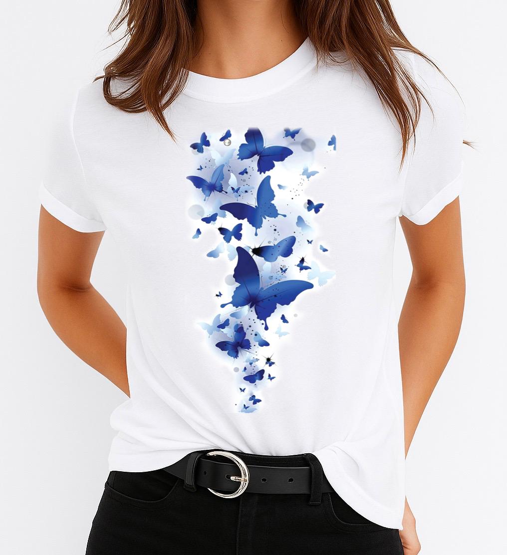 Tricou Alb Dama din Bumbac 100% - Blue Butterflies