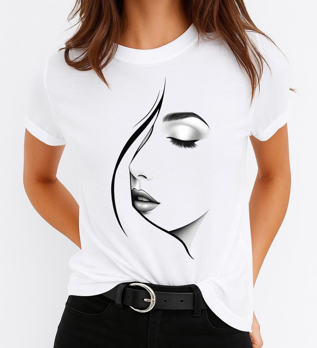 Tricou Alb Dama din Bumbac 100% - Black Face