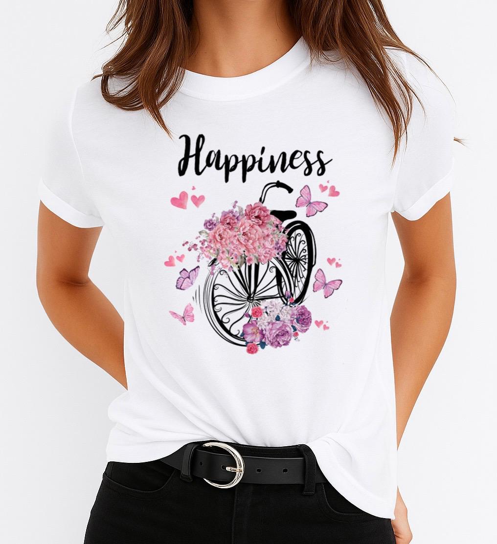 Tricou Alb Dama din Bumbac 100% - Happiness