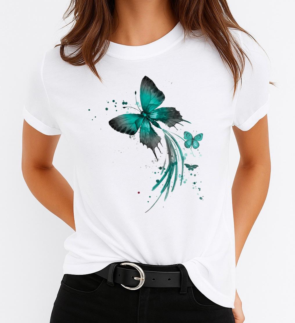 Tricou Alb Dama din Bumbac 100% - Butterfly 17
