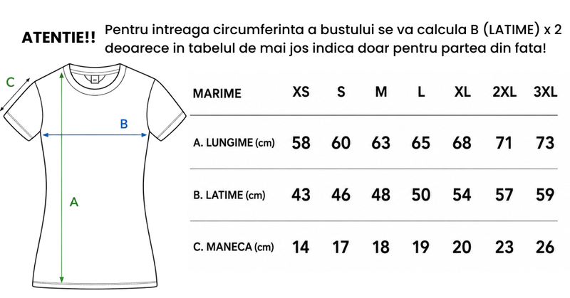 Tabel de mărimi Tricou Dama Love Coffee – Bumbac 100%